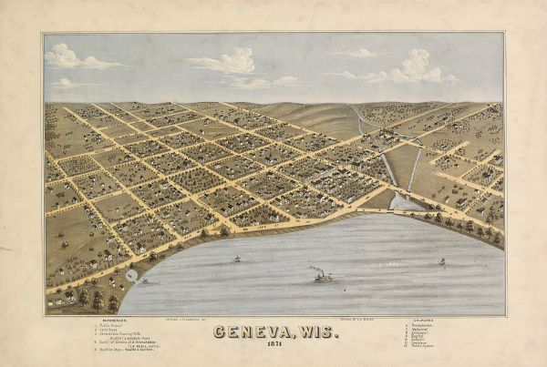 An illustrated bird's-eye view of the Lake Geneva from 1871. Drawn to be more of a map than a strictly accurate representation. 